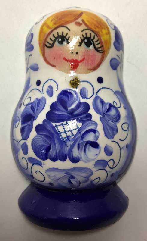 70 mm Russian Gzhel Patterns hand painted wooden Fridge Magnet Matryoshka Doll Shape (by Mariya Wooden Magnets Studio)