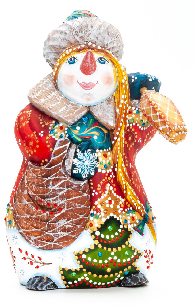 180 mm Snowman with a Lamp hand painted wooden figurine (by Natalia Nikitina Workshop)