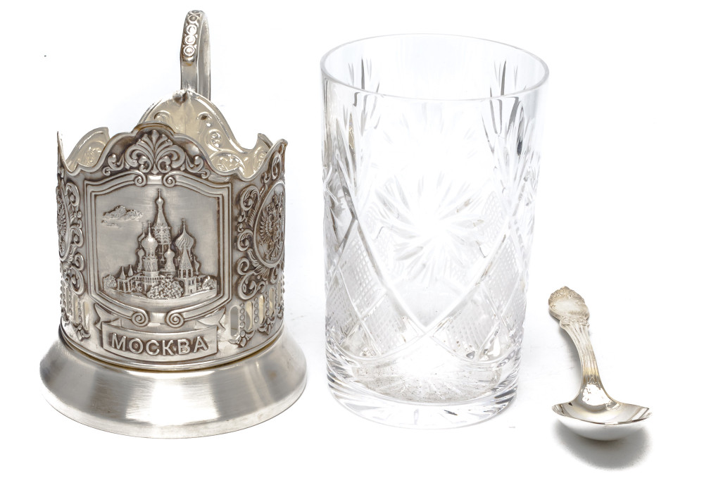 Snt Basil Cathedral Silver Plated Brass Tea Glass Holder with Faceted Glass and Silver Plated Spoon (by Kolchugino)