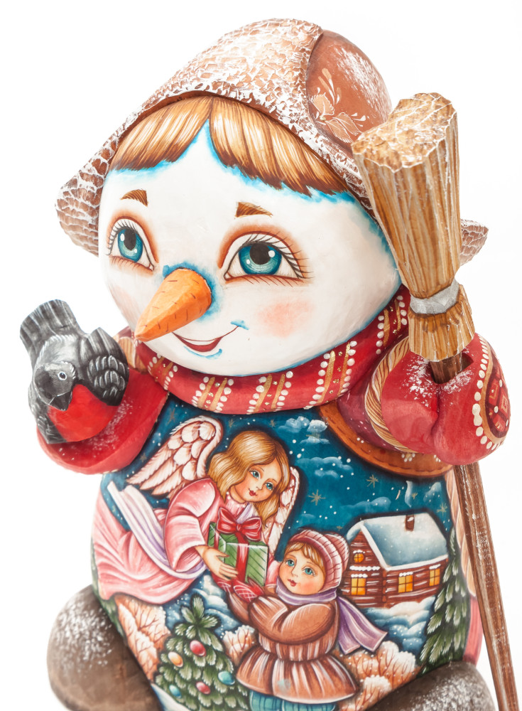 190 mm Snowman with hand painted Angel giving a Gift to a Boy wooden figurine (by Sergey Christmas Workshop)