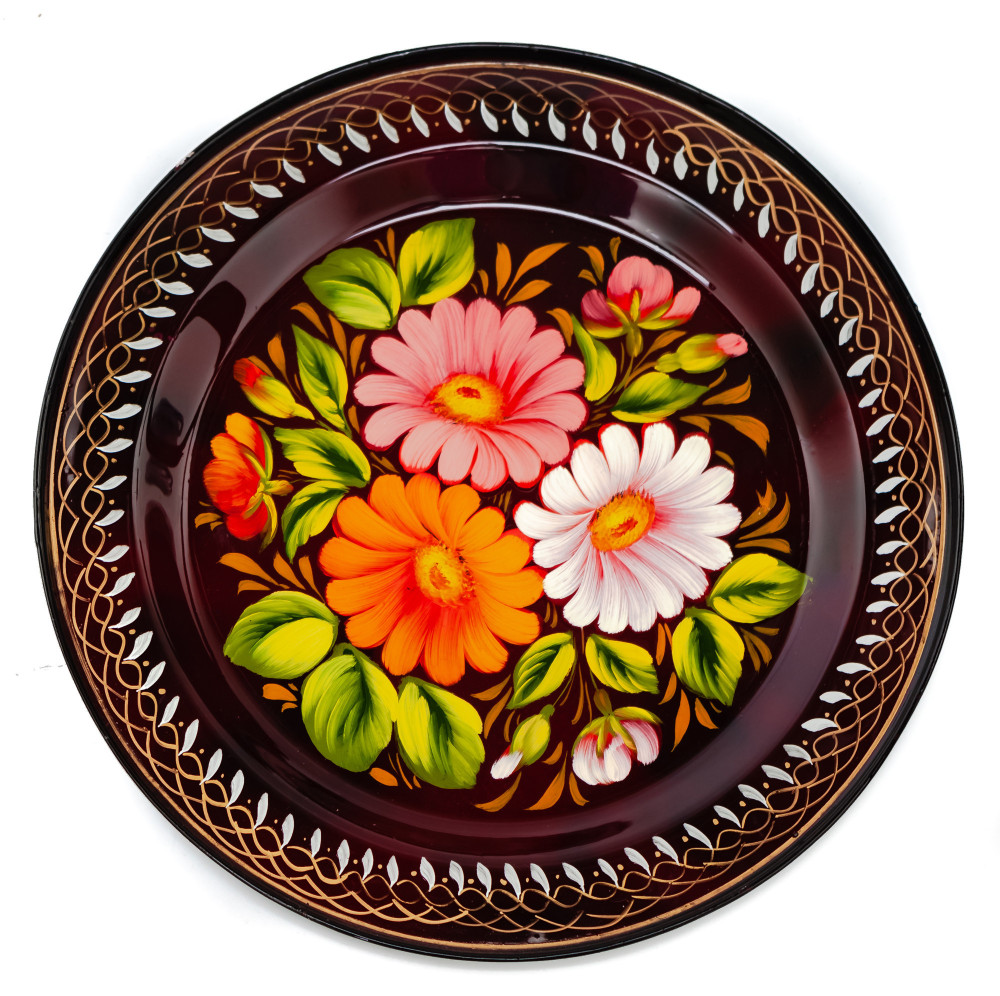  d 180 mm Zhostovo Patterns hand painted and lacquered Metal Forged Carmine Tray (by Lada Crafts)