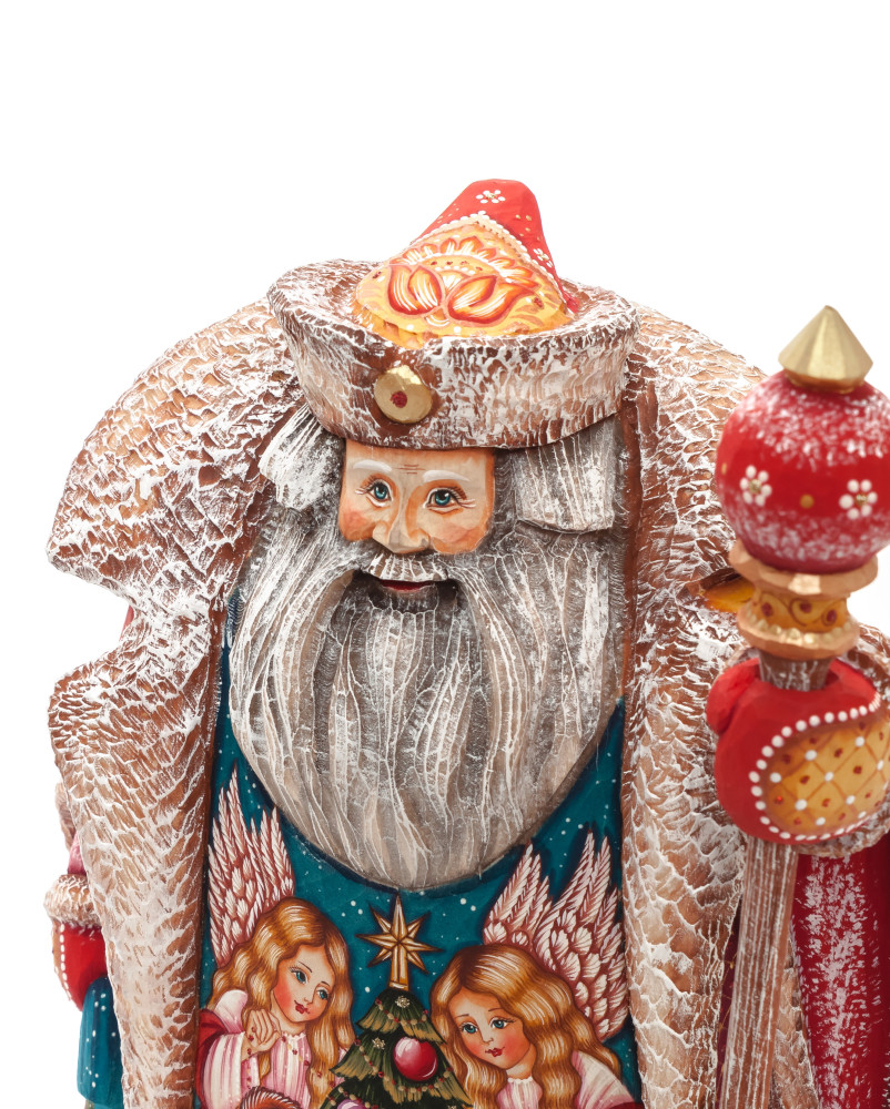 240 mm Santa with a Magic Staff and a Bag with hand painted Kids playing at the Green Christmas Tree Carved Wood Collectible Figurine (by Sergey Christmas Workshop)