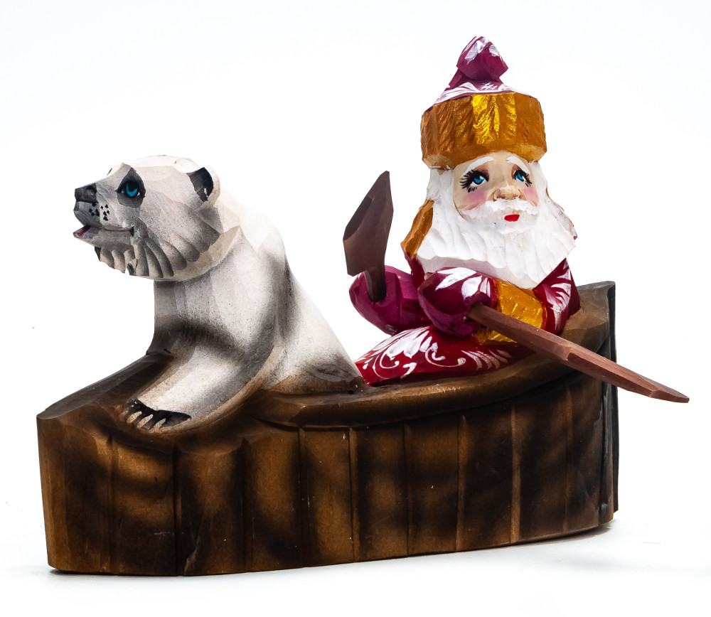 120 mm Santa Sailing a Boat with a Bear Carved Wood Hand Painted Collectible Figurine (by Igor Carved Wooden Figures Studio)