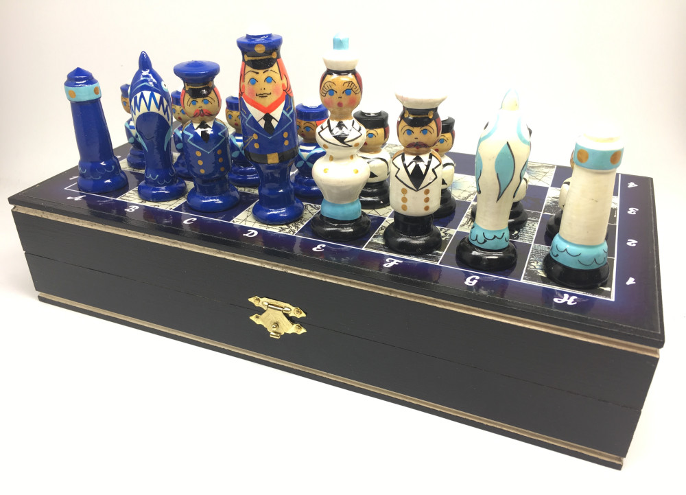 Wooden Chess Board with Crew of Sailors Hand Painted Chess Pieces