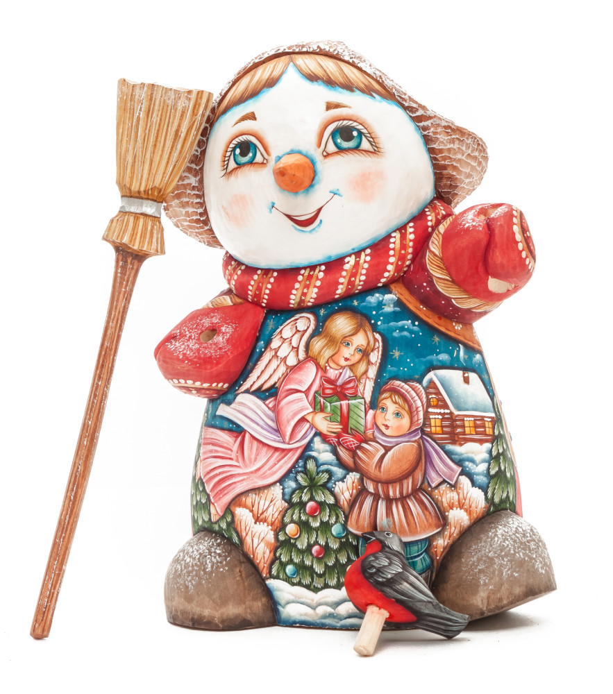190 mm Snowman with hand painted Angel giving a Gift to a Boy wooden figurine (by Sergey Christmas Workshop)