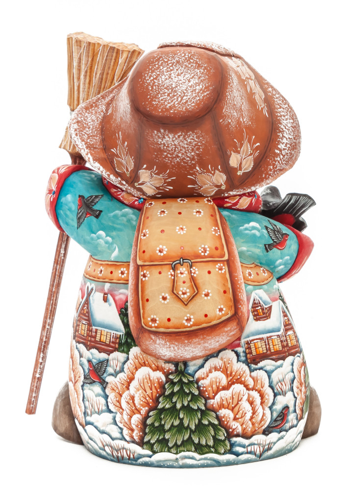 190 mm Snowman with hand painted Kids playing with a Bullfinch wooden figurine (by Sergey Christmas Workshop)