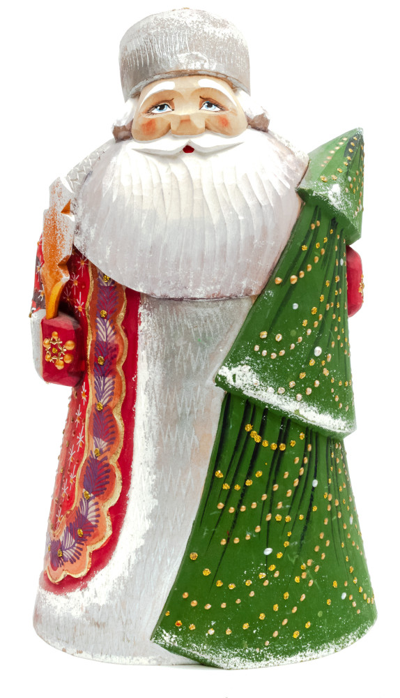 220  mm Santa with a Green Christmas Tree Carved Wood Hand Painted Collectible Figurine (by Igor Carved Wooden Figures Studio)