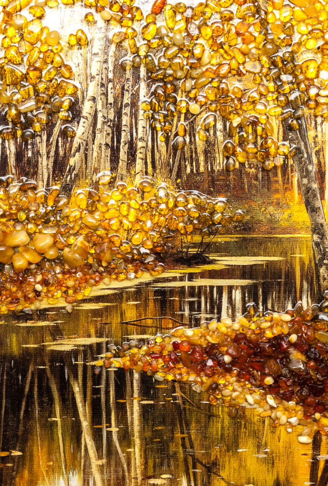 205x275 mm Autumn Landscape on red background hand made of natural Baltic Sea Amber stones (by Russian Amber)