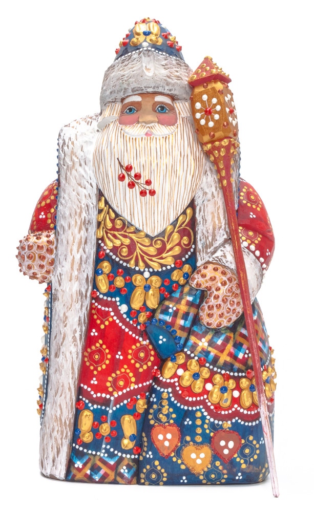 260 mm Santa with a Magic Staff and a Bag Carved Wood Hand Painted Collectible Figurine (by Natalia Nikitina Workshop)
