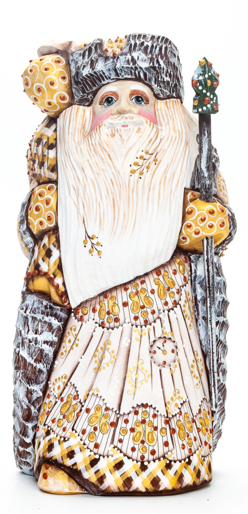 220 mm Santa with a Magic Staff and a Bag handpainted Wooden Carved Statue (by Natalia Nikitina Workshop)