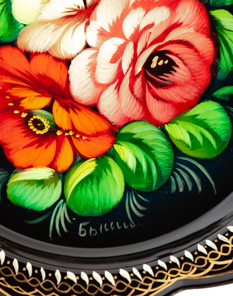 d 220 mm Zhostovo Patterns hand painted and lacquered Metal Forged Black Tray (by Lada Crafts)