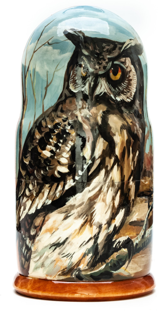180mm Owl hand painted on wooden Matryoshka doll 5 pcs (by Alexander Famous Paintings Studio)