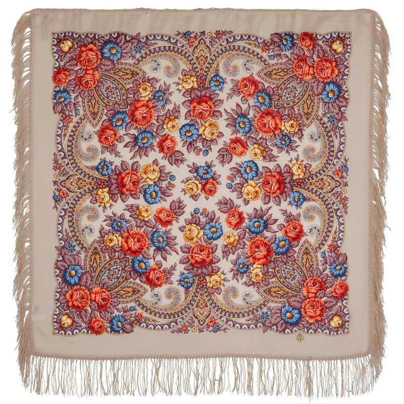 89x89 cm Enchantress Woolen Shawl with Woolen Fringe Pavlovo Posad Manufactory