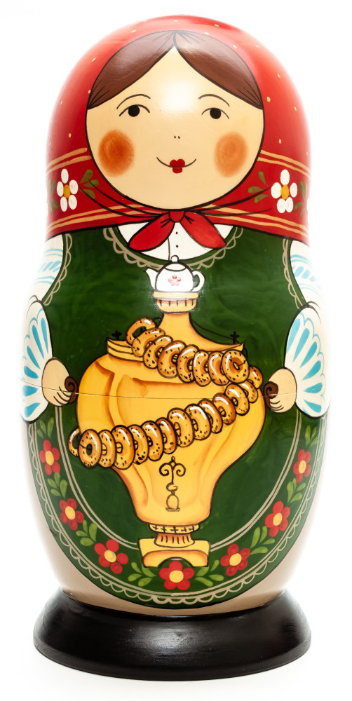 260 mm Mistress with Samovar and Barrels hand painted Traditional Russian Wooden Matryoshka round doll 10 pcs (by Sergey Malyutin)