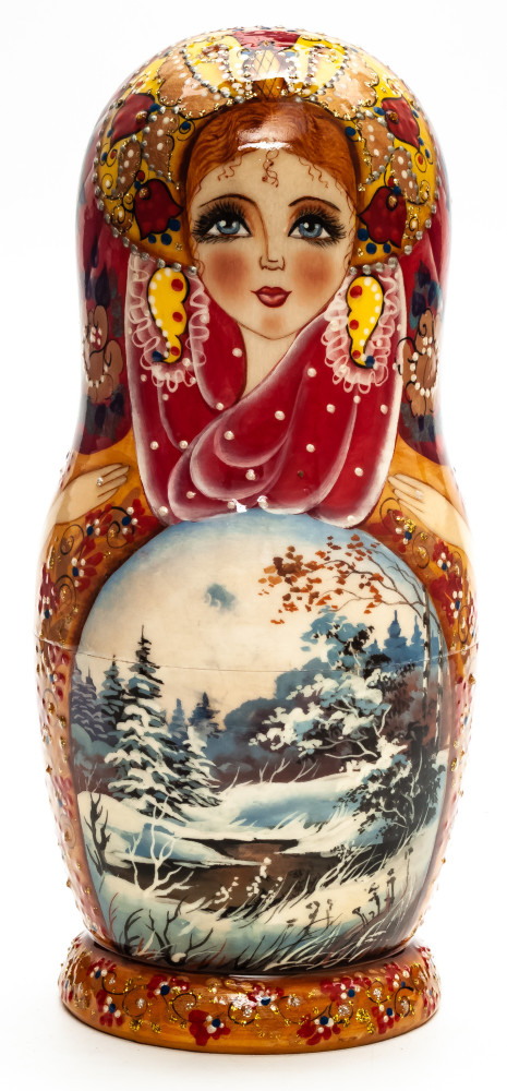 220 mm Russian Winter hand painted on Wooden Matryoshka doll 5 pcs (by Trifinov Studio)