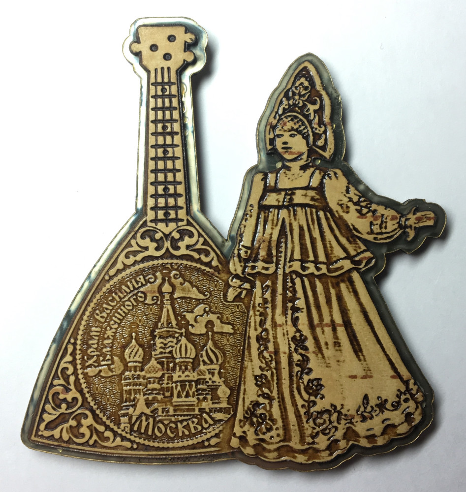 Moscow Snt Basil Cathedral on Balalayka and Russian Girl hand carved and burnt Birch Bark Fridge Magnet (by Maxim Studio)