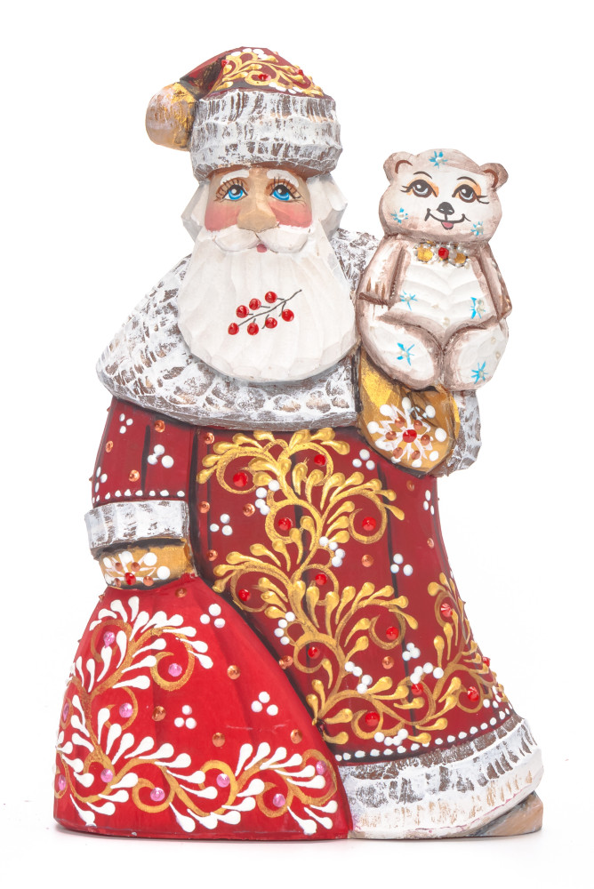 180 mm Santa with a Bag and a Bear Carved Wood Hand Painted Collectible Figurine (by Natalia Nikitina Workshop)