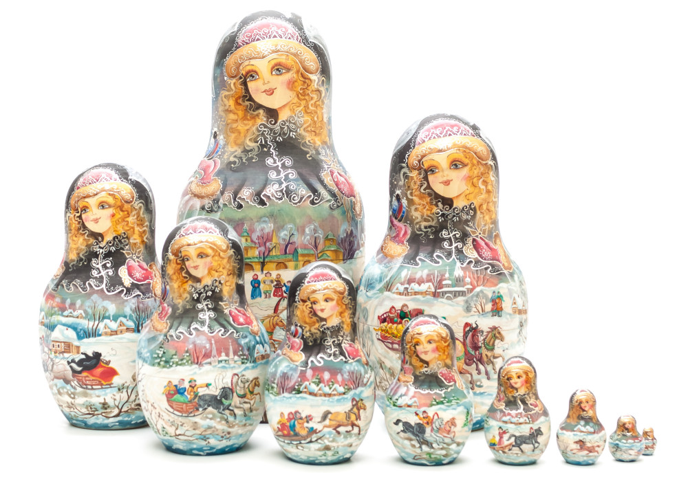 300 mm Russian Troika hand painted on Wooden Matryoshka doll 10 pcs (by Skazka)
