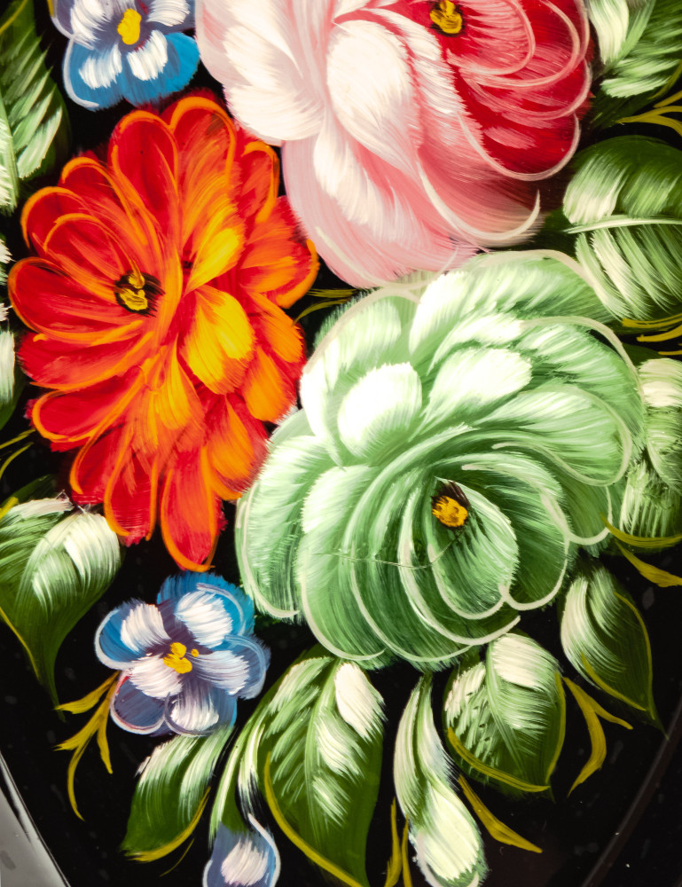 165x255 mm Zhostovo Patterns hand painted and lacquered Metal Forged Black Tray (by Lada Crafts)