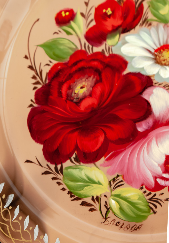 d 180 mm Zhostovo Patterns hand painted and lacquered by Blagova Metal Forged Brown Tray (by Lada Crafts)