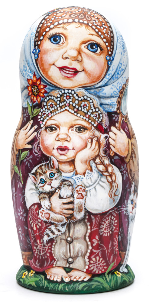 170 mm Girls playing with Kittens miniature hand painted wooden Matryoshka doll 5 pcs (by Nadezda Karpova Studio)