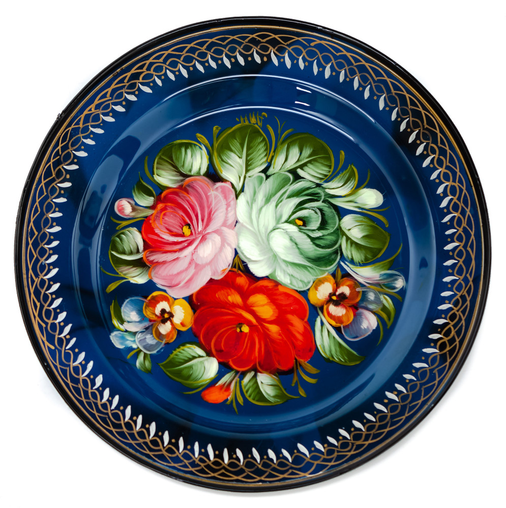  d 180 mm Zhostovo Patterns hand painted and lacquered Metal Forged Blue Tray (by Lada Crafts)