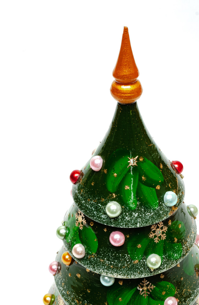 240 mm Christmas Wooden Green Tree with Hand Painted Garlands and Decorations