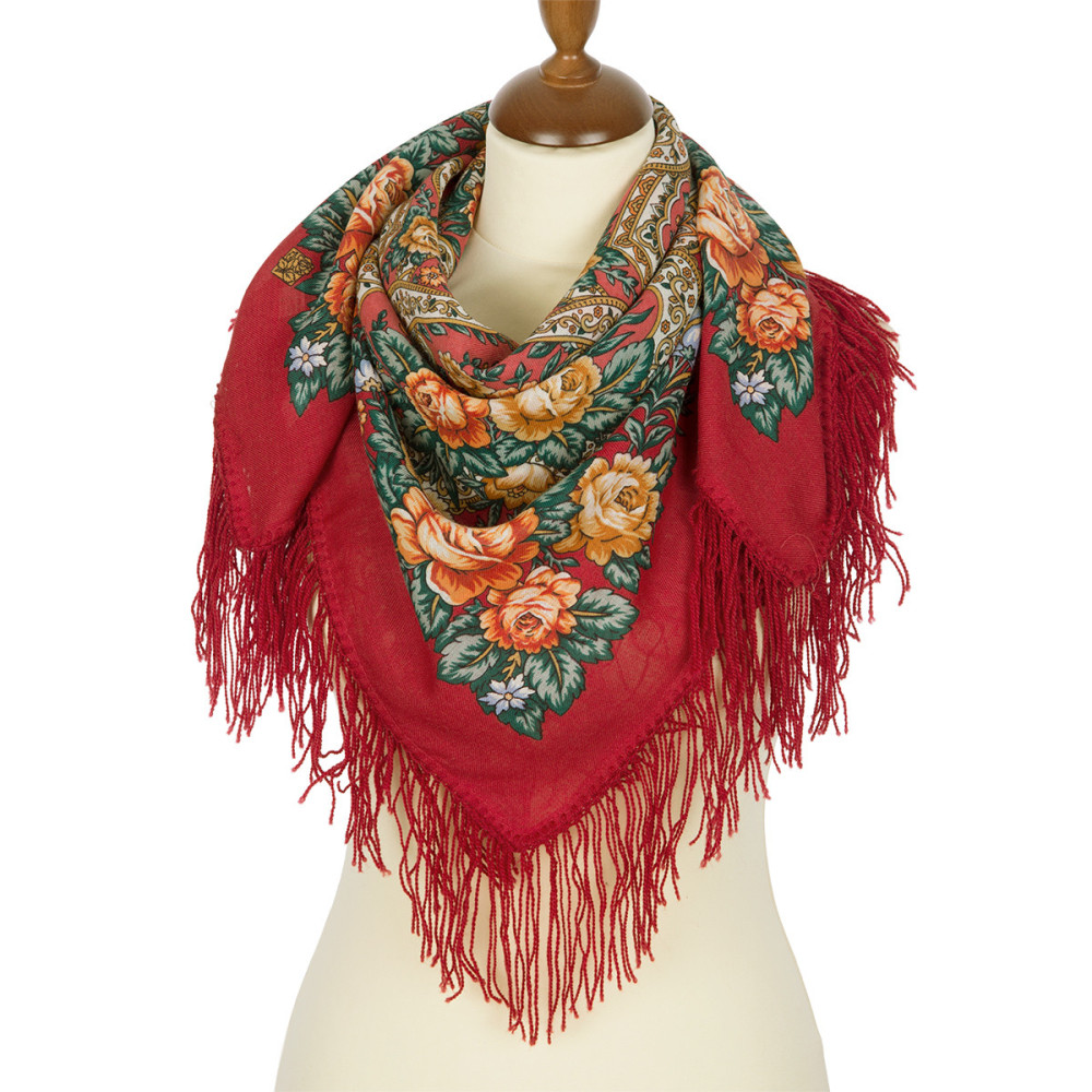 89x89 cm Tender feelings Woolen Shawl with Woolen Fringe Pavlovo Posad Manufactory