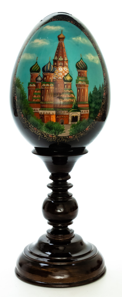  380 mm Moscow hand painted on red colored wooden Egg with standby (by Tatiana Crafts)