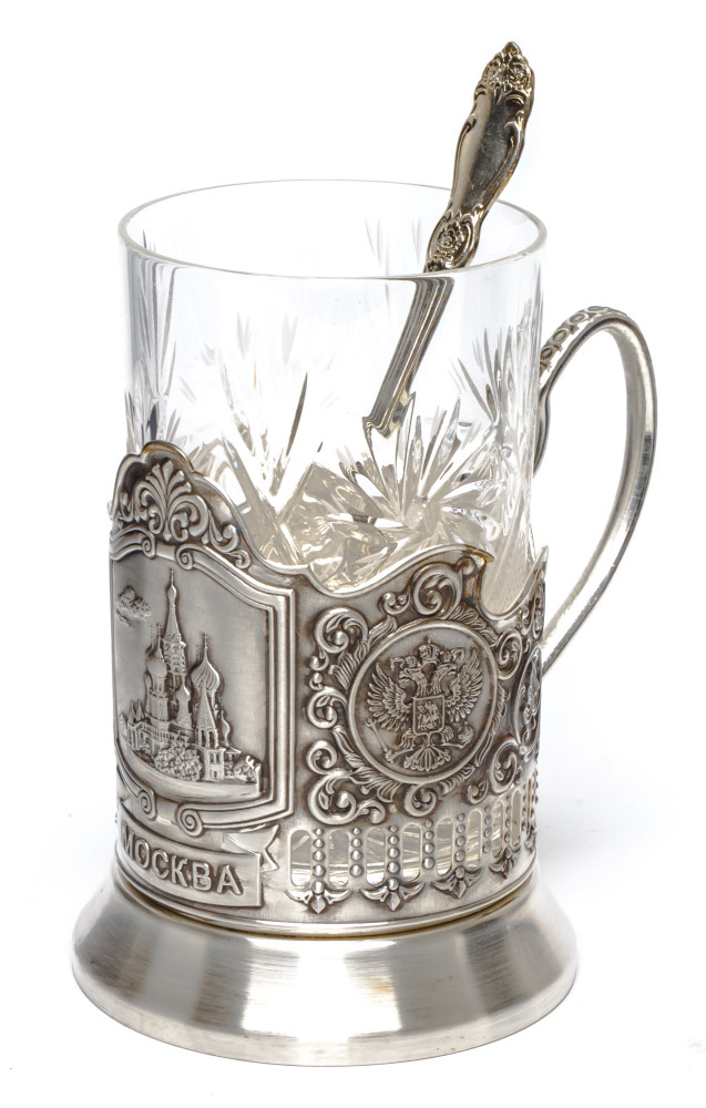 Snt Basil Cathedral Silver Plated Brass Tea Glass Holder with Faceted Glass and Silver Plated Spoon (by Kolchugino)