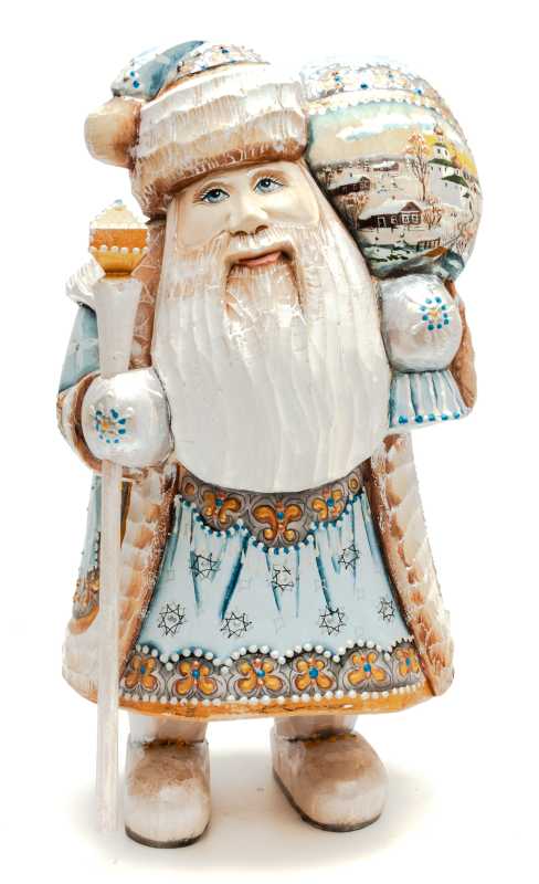 230 mm Santa with a Magic Staff and a Bag handpainted Wooden Carved Statue (by Sergey Christmas Workshop)