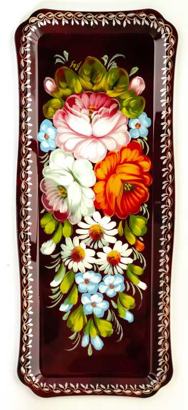 130x310 mm Zhostovo Patterns hand painted and lacquered Metal Forged Tray (by Lada Crafts)