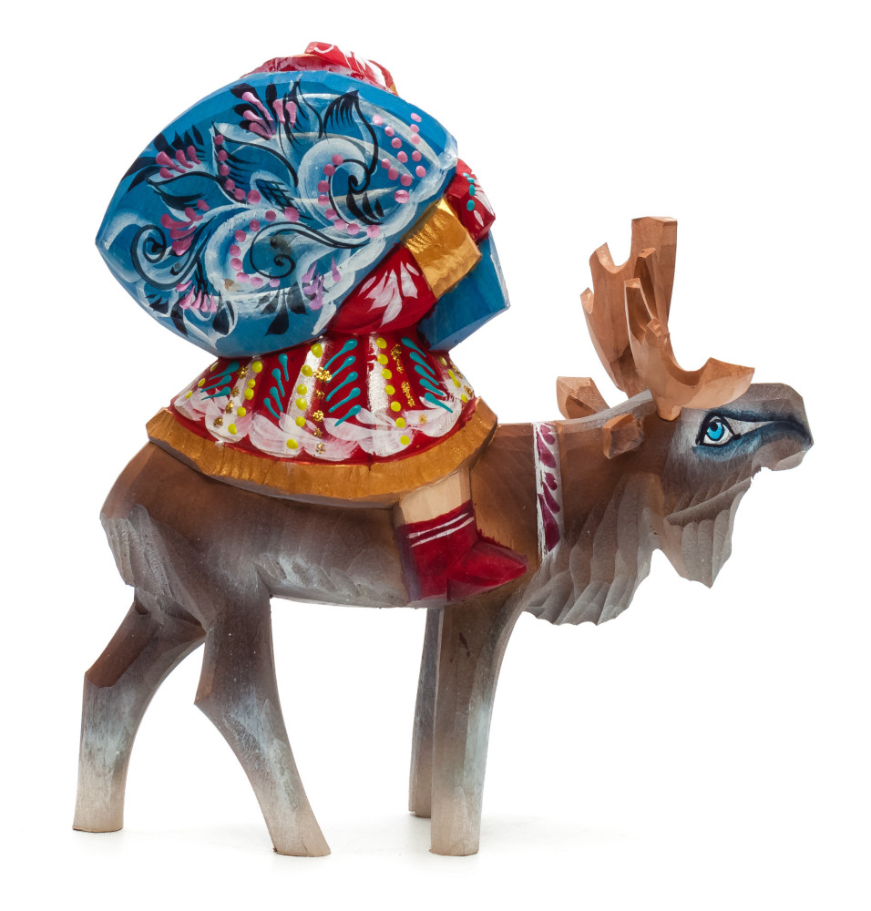 180 mm Santa with a Bag riding a Moose Carved Wood Hand Painted Collectible Figurine (by Igor Carved Wooden Figures Studio)