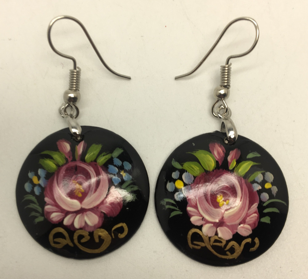 Zhostovo Black Round hand painted papier-mache Earrings (by Lada Workshop)