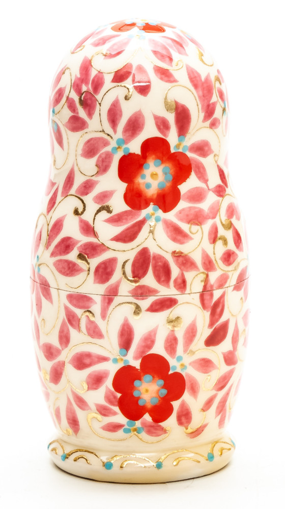 100mm Red Flowers on White hand painted Matryoshka round Doll 5pcs (by A Studio)