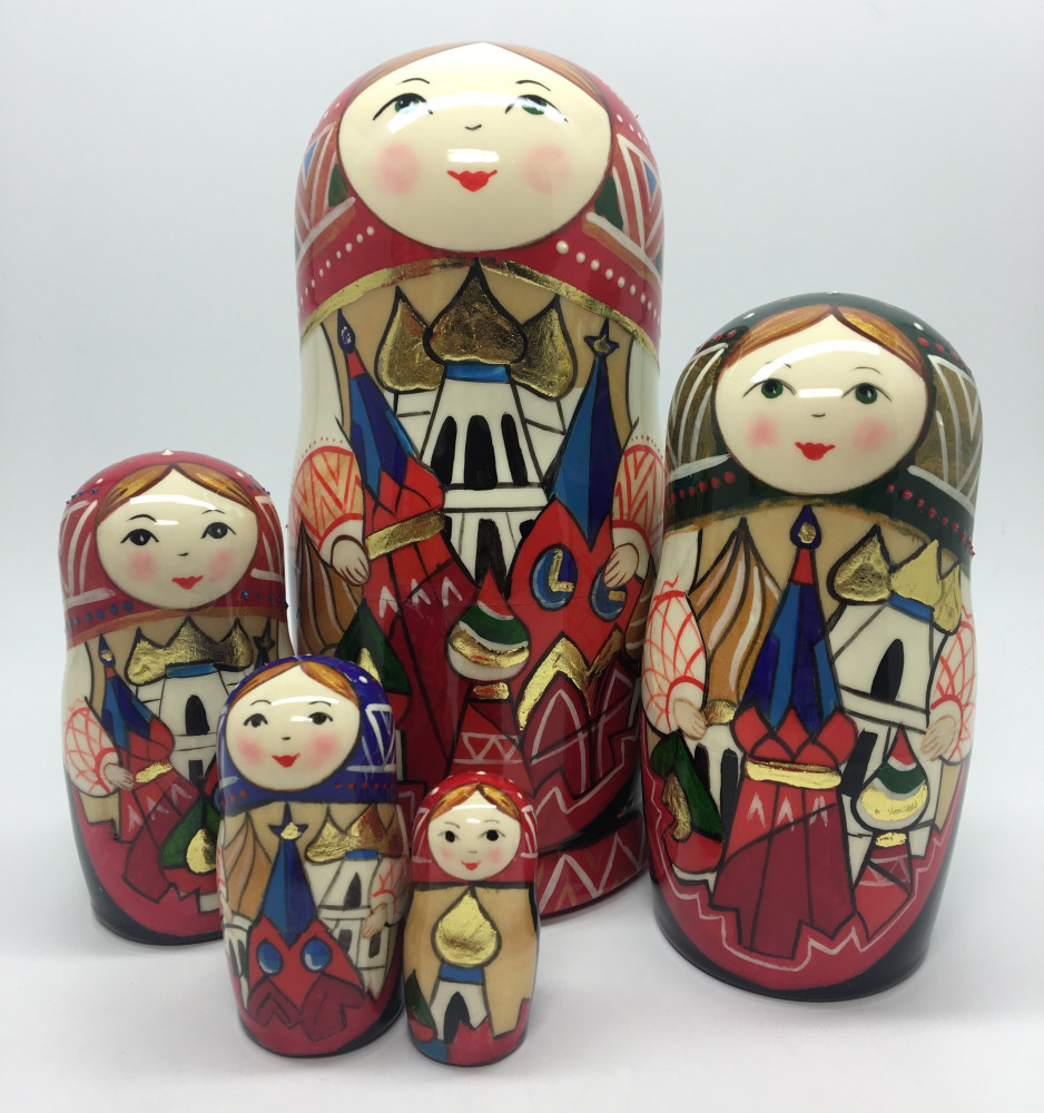 180 mm Moscow Snt Basil Cathedral hand painted by Lentuloff on wooden Matryoshka doll 5 pcs (by A Studio)