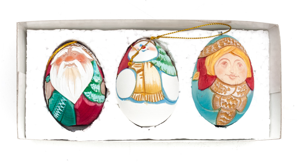 195x85 mm Santa Claus, Snowmaiden and Snowman hand Carved and Painted Christmas Tree Ornaments Set of 3 pcs in a Gift Box (by Sergey Carved Wooden Dolls Studio)