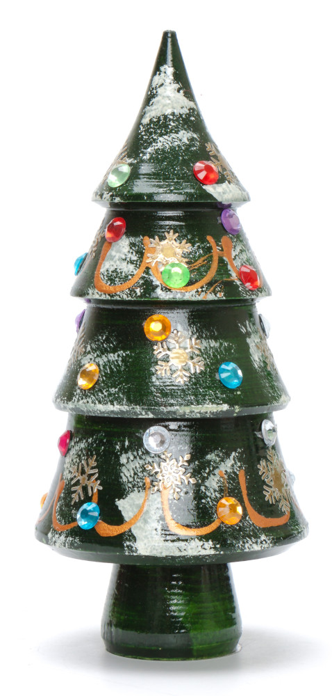 140 mm Christmas Wooden Green Tree with Hand Painted Garlands and Decorations