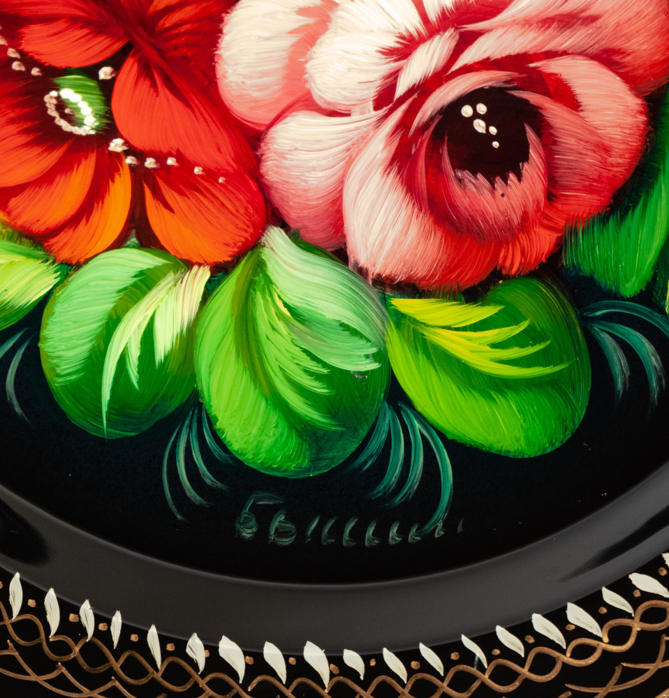d 220 mm Zhostovo Patterns hand painted and lacquered Metal Forged Black Tray (by Lada Crafts)