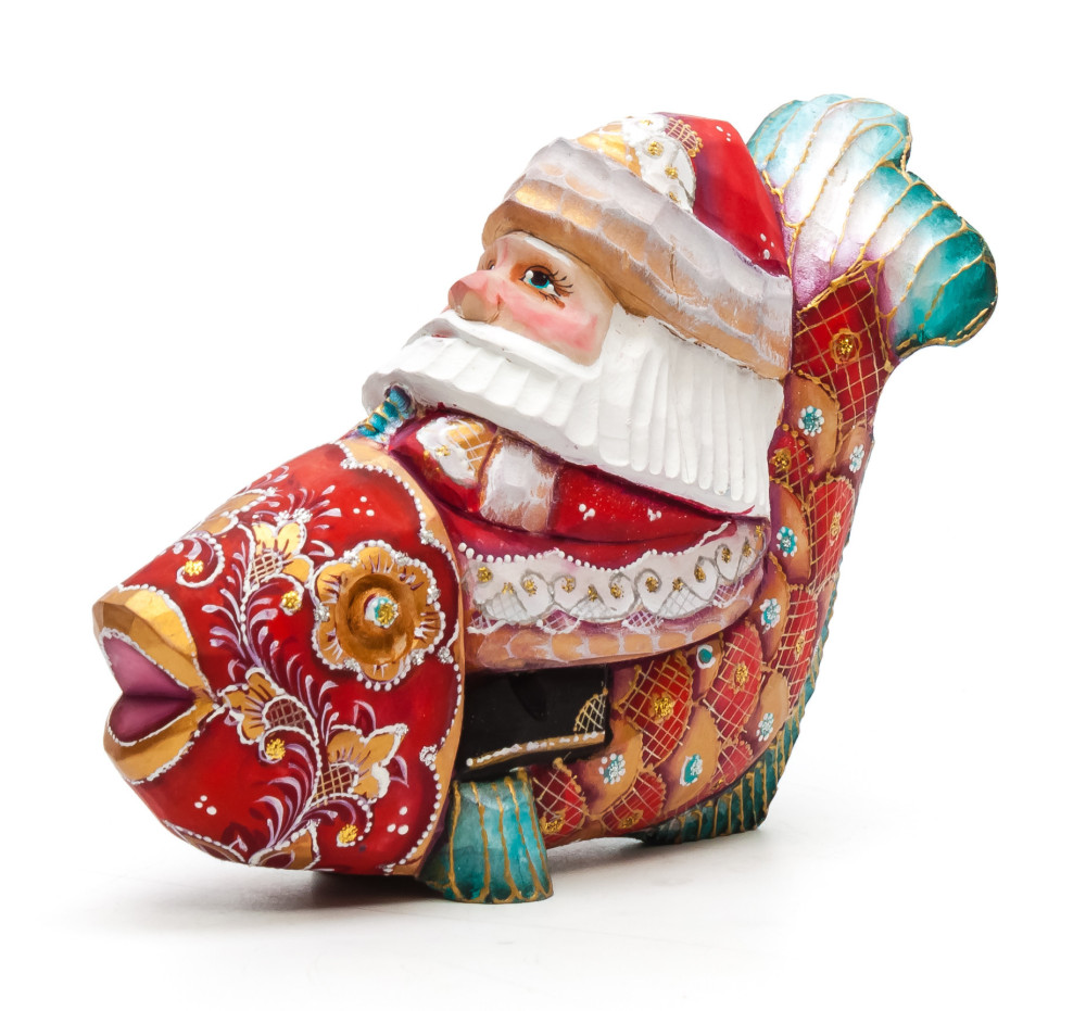 120 mm Santa with a Bag riding a Fish Carved Wood Hand Painted Collectible Figurine (by Igor Carved Wooden Figures Studio)