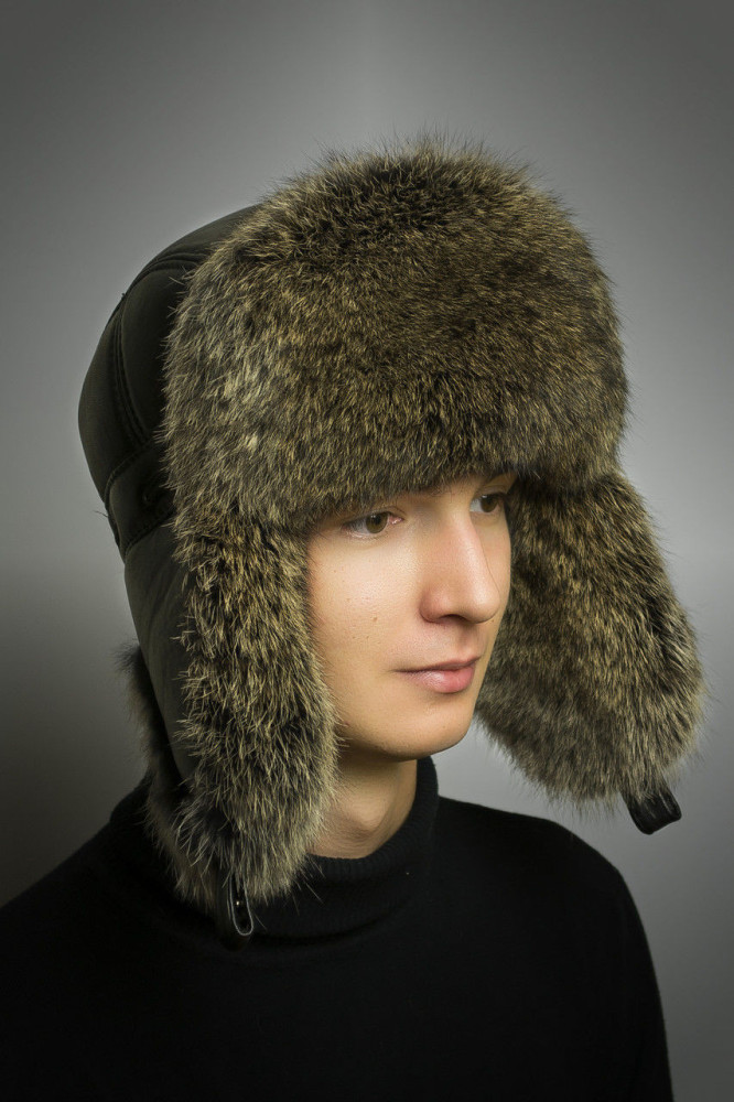 Light Brown Rabbit Hair Hat with Ear flaps and Leather top (by Boris Furs)