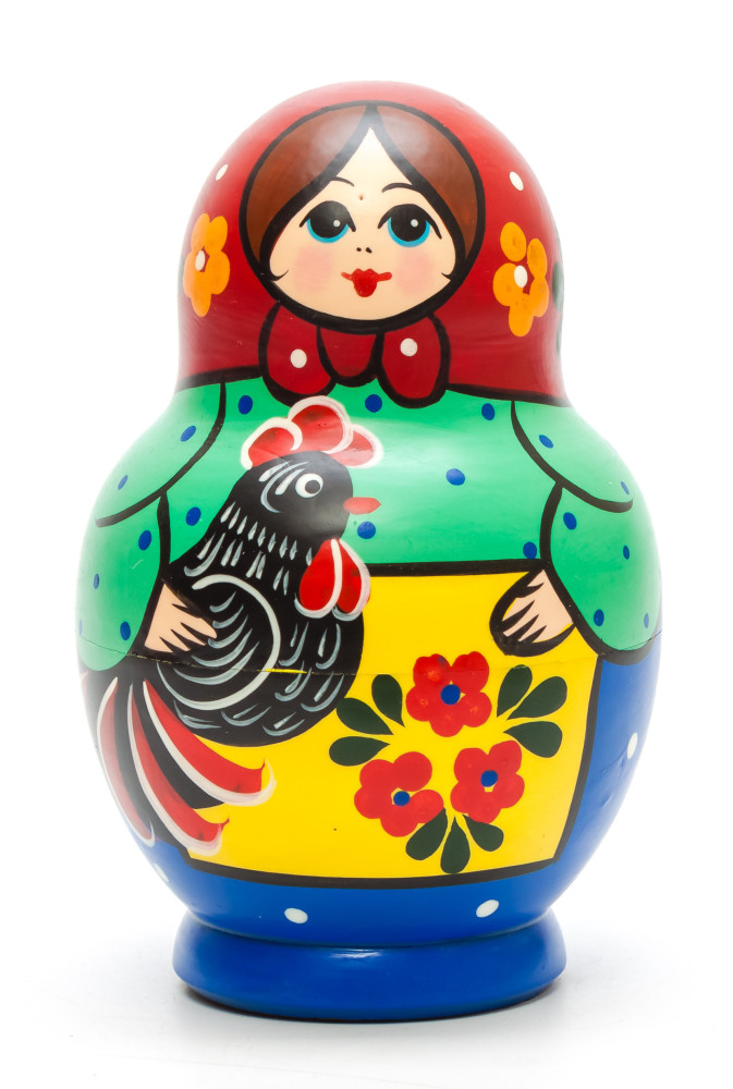 130 mm Maiden with Black Hen hand painted on Wooden Matryoshka round doll 5 pcs (by Skazka)