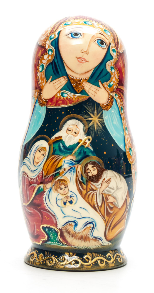 190 mm Nativity of Jesus hand painted on Wooden Matryoshka doll 5 pcs (by Vasily Crafts)