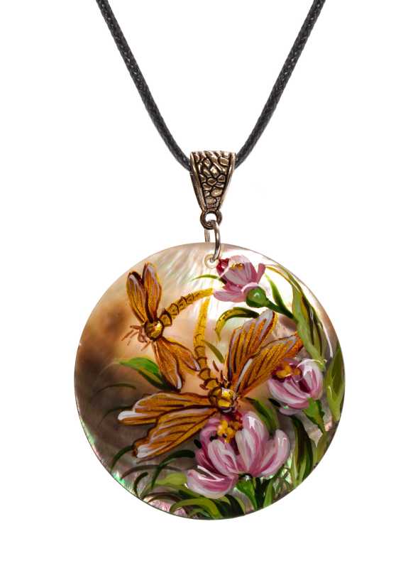 d50 mm Dragonfly on the Flower hand painted Nacre Pendant (by Tatiana Shkatulka Crafts)