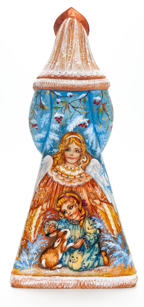 300 mm Noblewoman with a Bullfinch with hand painted Children Wooden Statue (by Karpova Nadezda)