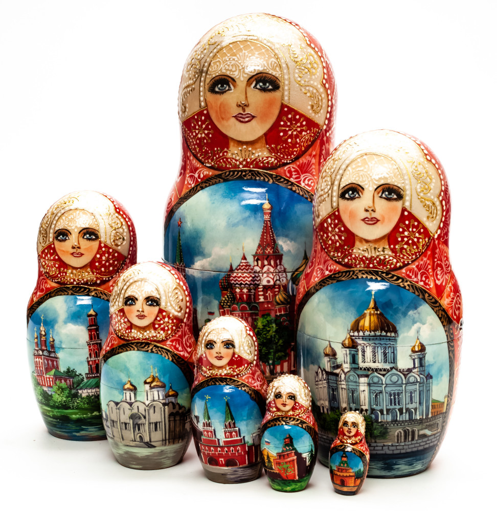 220 mm Moscow Saint Basil Cathedral hand painted on Wooden Matryoshka doll 7 pcs (by Trifinov Studio)