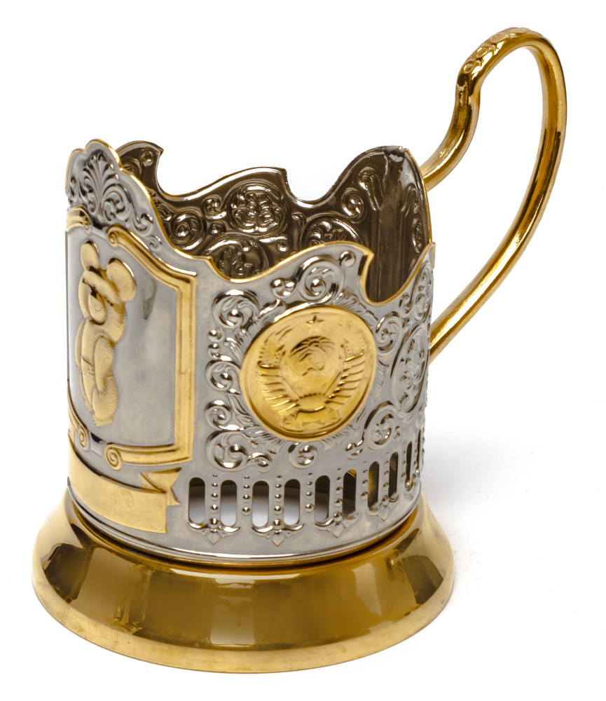 The Moscow Olympic 1980 Bear Gold Plated Brass Tea Glass Holder with Crystal Glass and Gold Plated Tea Spoon (by Kolchugino)