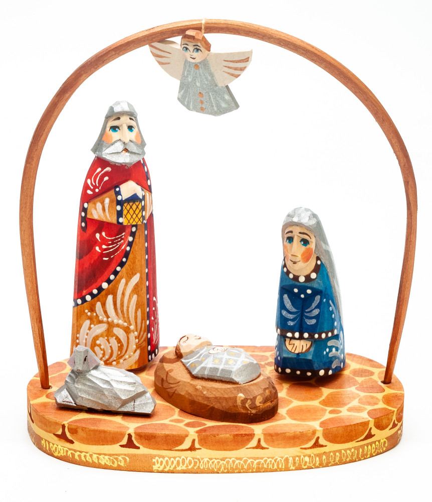 Nativity Set of 4 handpainted Carving Wooden Figures with Flying Angel
