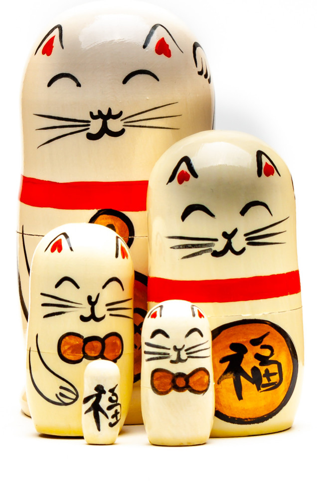 110mm Maneki-Neko Hand Painted Matryoshka Doll 5 pcs (by Konstantin Crafts)