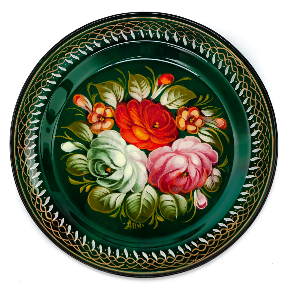  d 180 mm Zhostovo Patterns hand painted and lacquered Metal Forged Green Tray (by Lada Crafts)